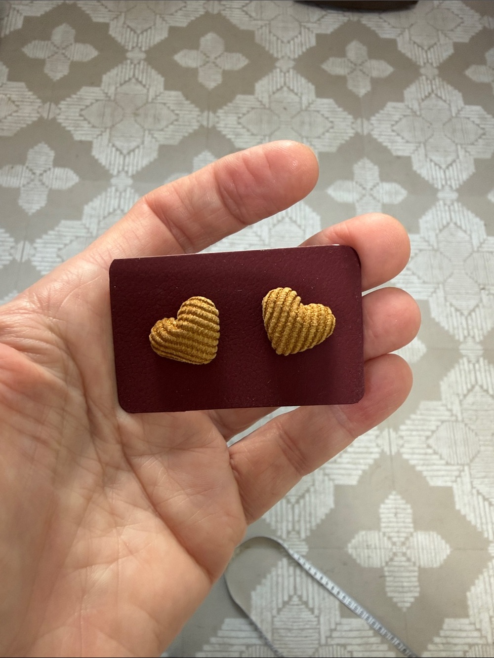 Heart-Shaped Courderoy Stud Earrings - Mustard Gold